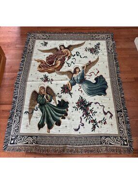 Angelic Tapestry Throw Blanket 79x51" Woven Fringe Heavenly Decor Angels Roses